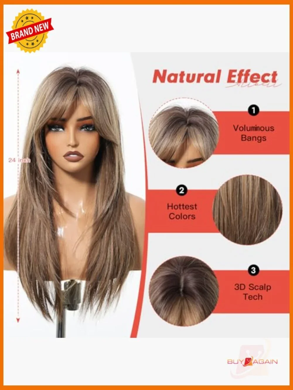 Long Straight Human Hair Wig with Bangs Heat Resistant Natural Look Daily Wear
